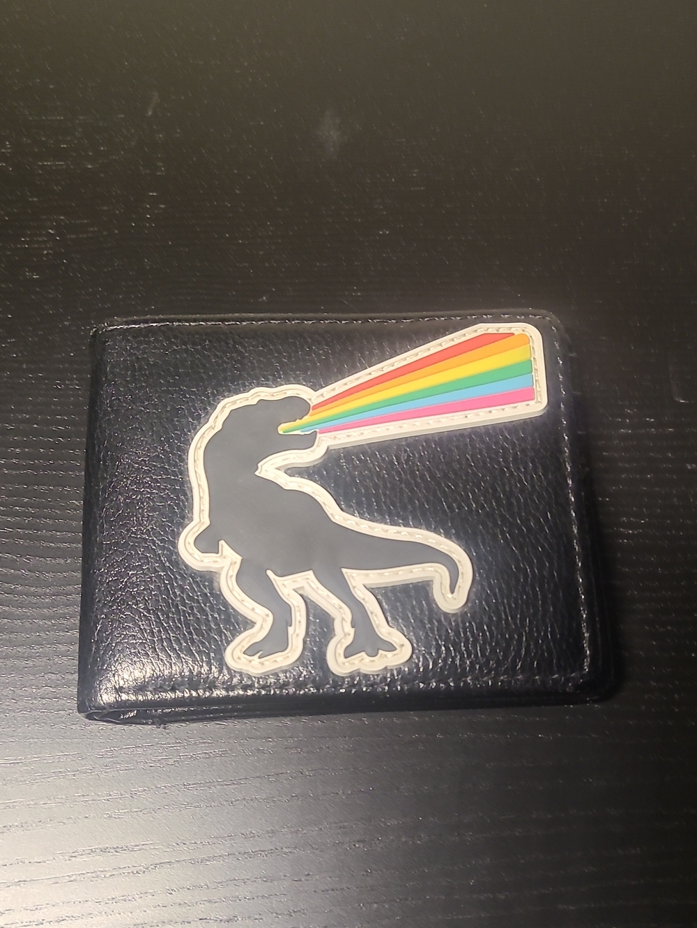 Black Leather Wallet with Rainbow Dinosaur Patch